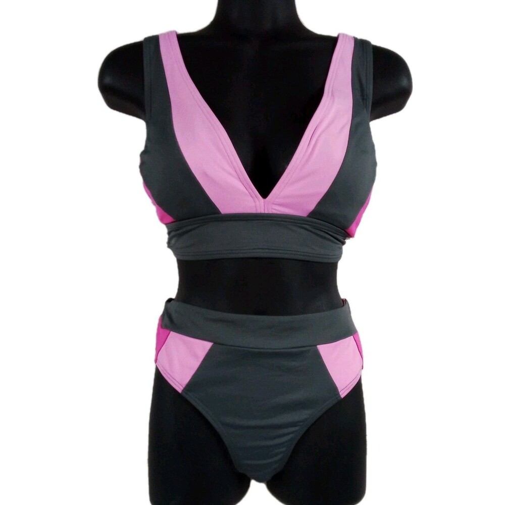 Women's DKNY 2 Piece Bathing Suit Top Large Bottom Medium pink with Gray